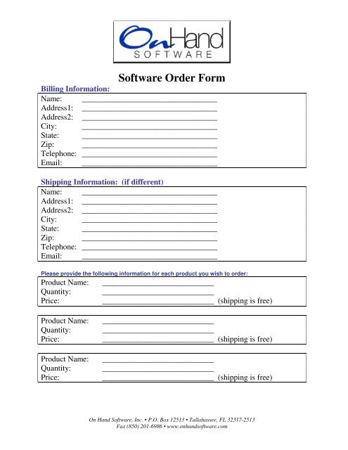 Software Order Form - On Hand Software