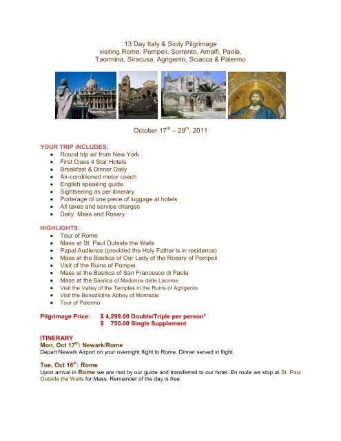 13 Day Italy & Sicily Pilgrimage visiting Rome, Pompeii, Sorrento ...