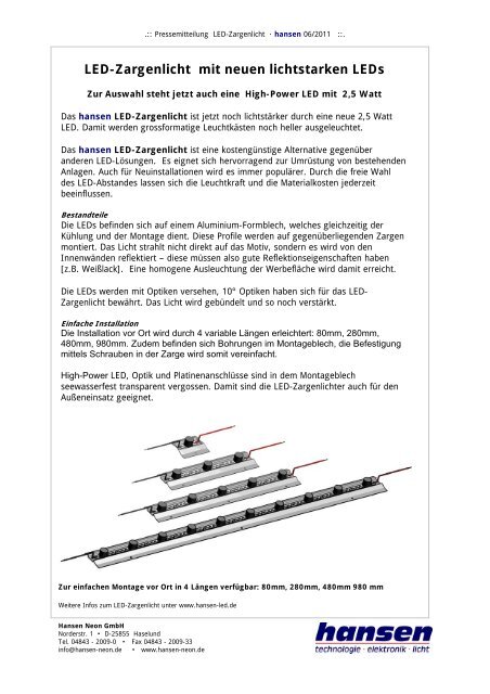 LED-Zargenlicht mit neuen lichtstarken LEDs - Hansen-LED