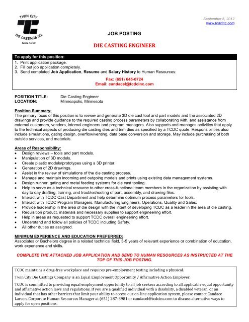 Die Casting Engineer Twin City Die Castings Company