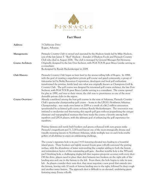 Fact Sheet - Pinnacle Country Club