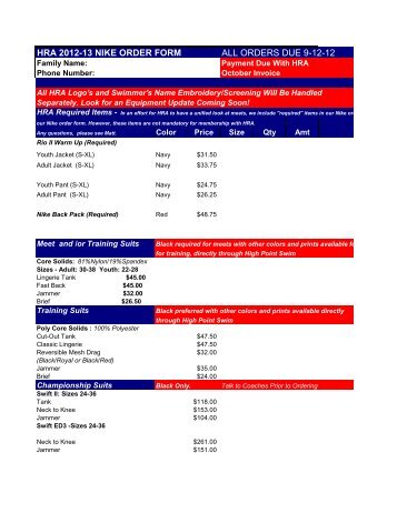 HRA 2012-13 NIKE ORDER FORM ALL ORDERS DUE 9-12-12