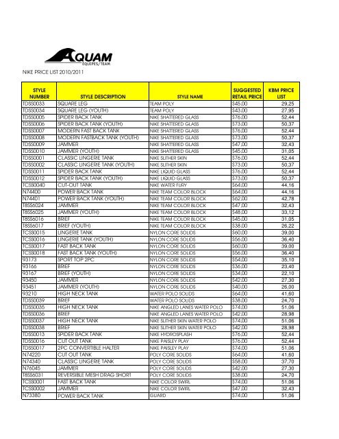 Equipment Price list (Nike) - TeamUnify