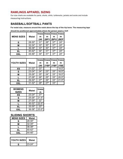 Softball Pants Size Chart