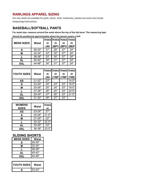 Rawlings Softball Pants Size Chart