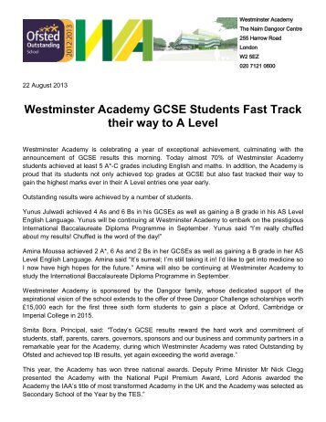 Westminster Academy GCSE students fast track their way to A Level