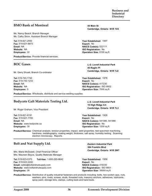 Business and Industrial Directory 2008 - City of Cambridge