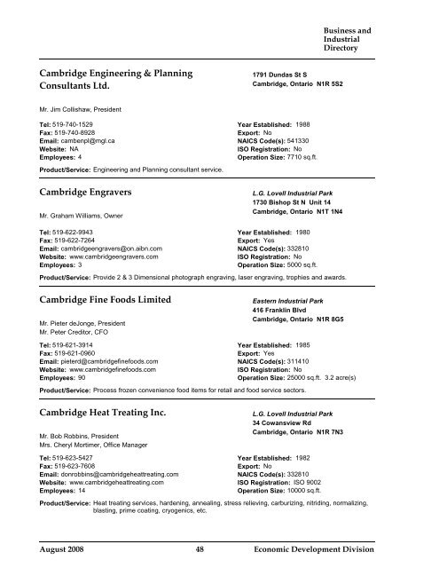 Business and Industrial Directory 2008 - City of Cambridge