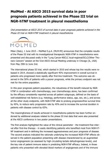 MolMed NGR-hTNF ASCO 2015, oral presentation of survival data