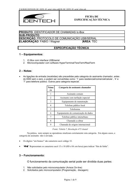 DescriÃ§Ã£o protocolo serial IcBox - Identech