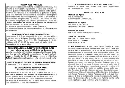 Avvisi della 15^ settimana dal 7 al 14 apr. 2013 - Parrocchia Bariano