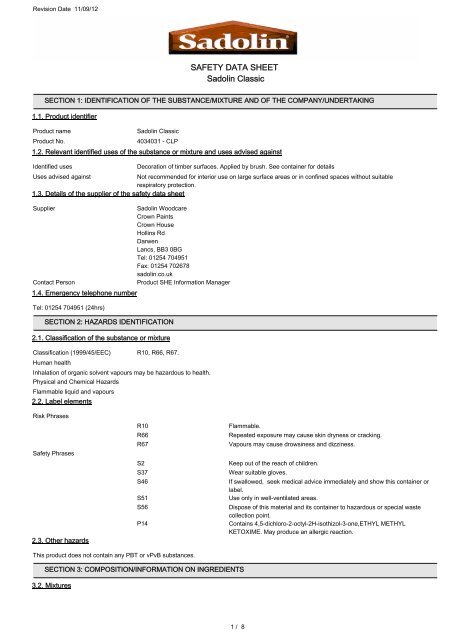 SAFETY DATA SHEET Sadolin Classic