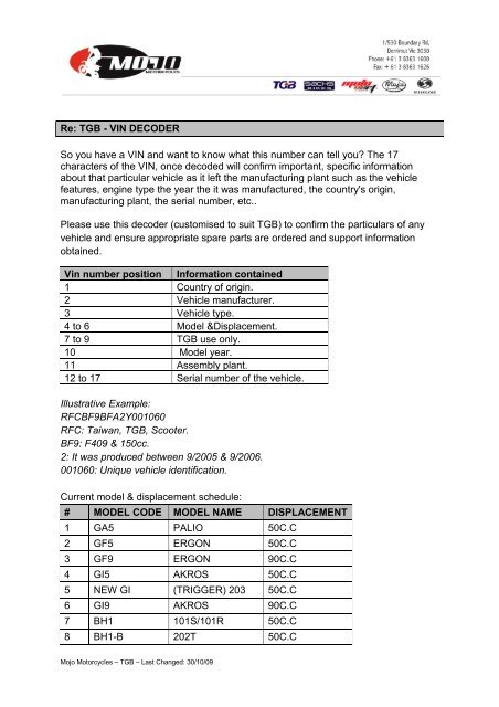 Re: TGB - VIN DECODER So you have a VIN ... - Mojo Motorcycles