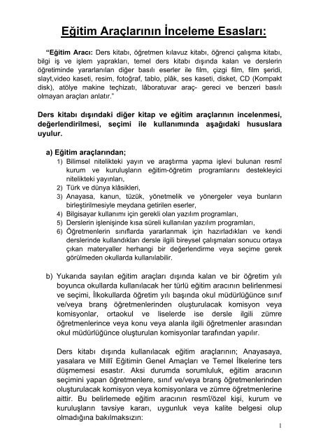 Eğitim Araçlarının İnceleme Esasları: - talim terbiye dairesi müdürlüğü