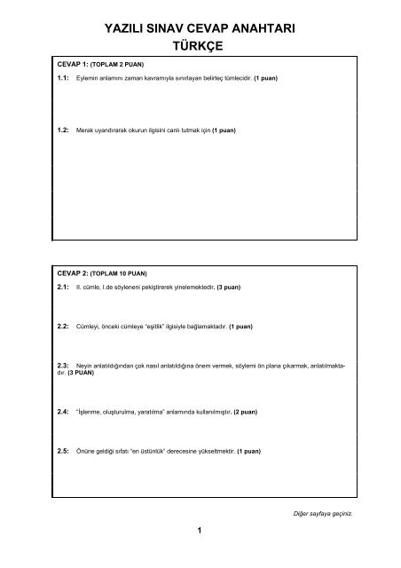Türkçe Yazılı Sınav Cevap Anahtarı