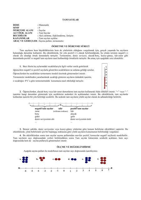 TAM SAYILAR DERS : Matematik SINIF : 6 ÖĞRENME ALANI ...
