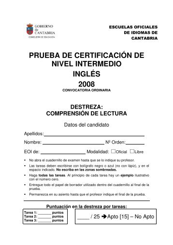 PRUEBA DE CERTIFICACIÓN DE NIVEL INTERMEDIO INGLÉS 2008