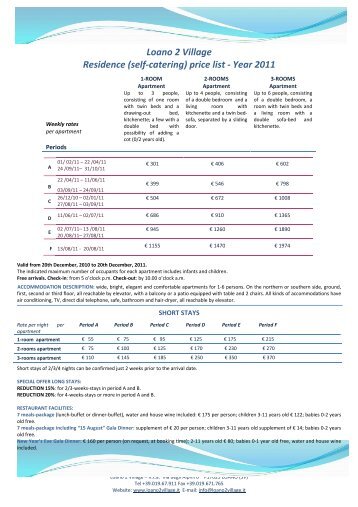 Loano 2 Village Residence (self-catering) price list - Year 2011