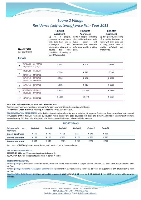 Loano 2 Village Residence (self-catering) price list - Year 2011
