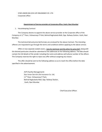 Appointment of Service provider at Corporate office, Vashi, Navi