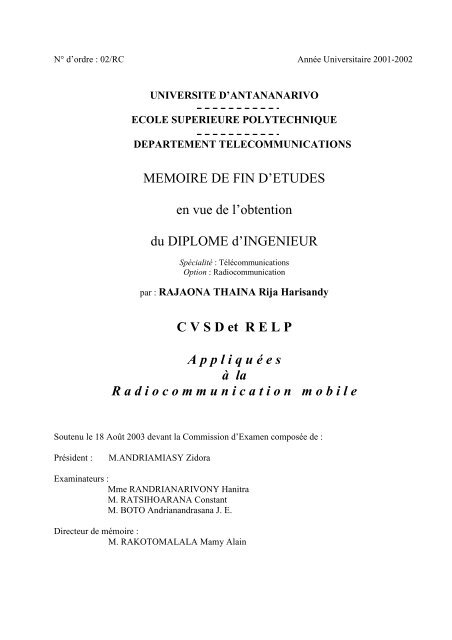 Memoire De Fin D Etudes En Vue De L Obtention Du Diplome D