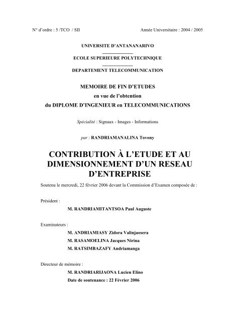 contribution Ã  l'etude et au dimensionnement d'un reseau d'entreprise