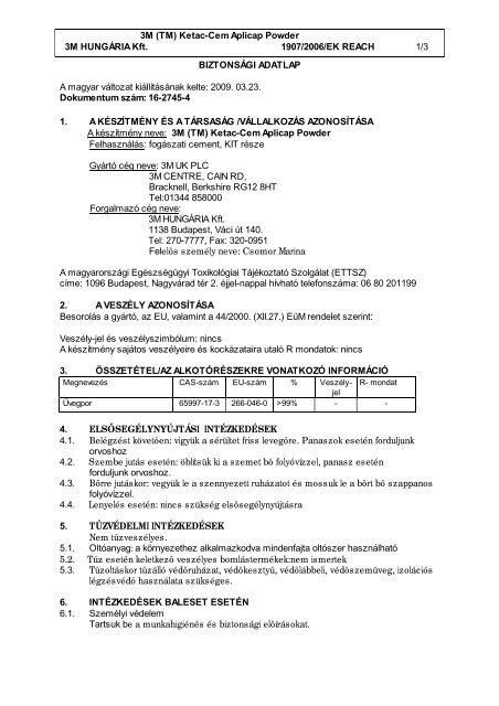 biztonsági adatlap - Magnet Dent Kft