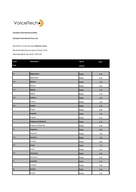 Voicetech internationell prislista Voicetech International Price List ...