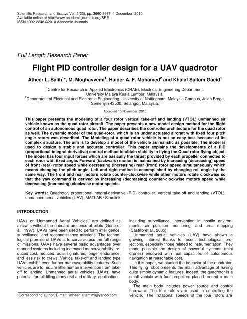 Flight PID controller design for a UAV quadrotor - Academic Journals