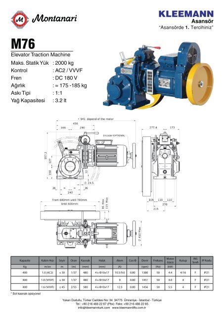 Elevator Traction Machine Maks. Statik YÃ¼k : 2000 kg ... - KLEEMANN