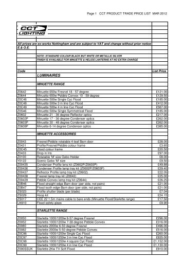 CCT PRODUCT TRADE PRICE LIST MAR 2012