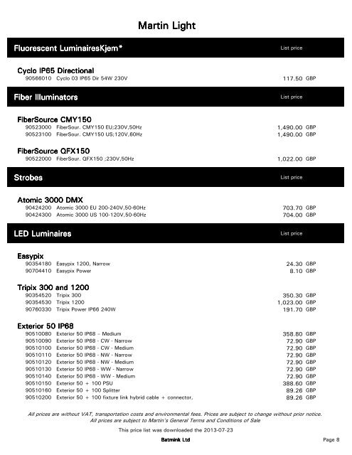 Download price list - Batmink Ltd