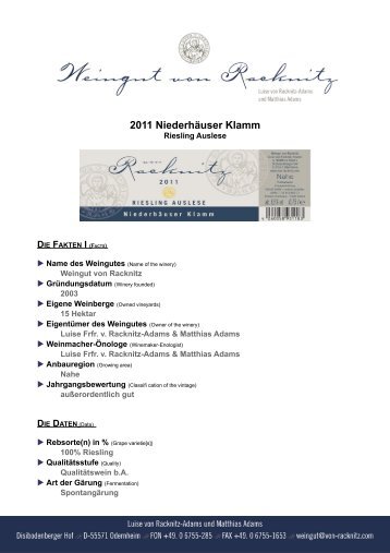 2011 NiederhÃ¤user Klamm - Weingut von Racknitz