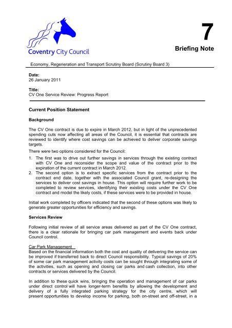 CV One Service Review - Progress Report - Coventry City Council