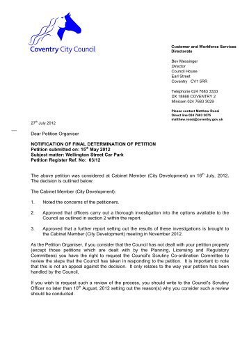 53) Petition Decision Letter - Wellington Street Car Park PDF 17 KB