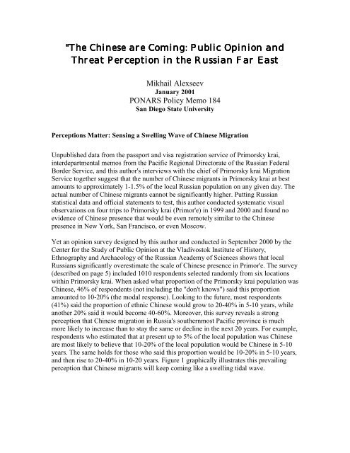 The Chinese are Coming: Public Opinion and Threat Perception in ...