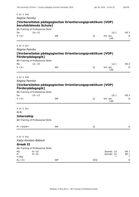 Course Catalogue Summer Semester 2010 - Universität Erfurt