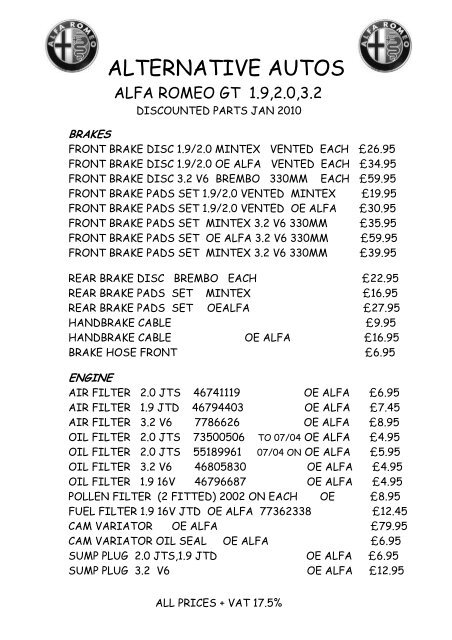 ALFA ROMEO GT PARTS LIST