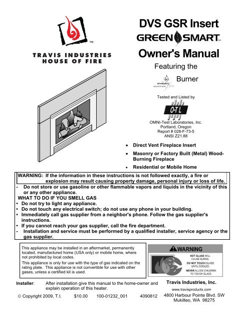 DVS GSR Insert Owner's Manual - Travis Industries Dealer Services ...