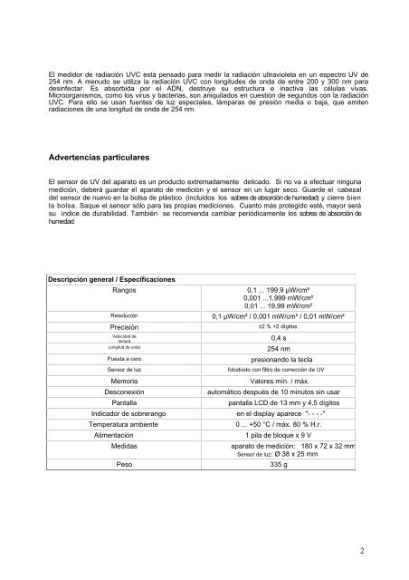 Instrucciones de uso Medidor de radiación UVC PCE ... - PCE Ibérica