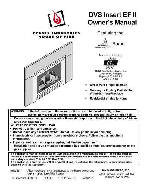DVS Insert EF II Owner's Manual - Lopi