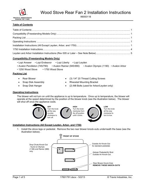 Wood Stove Rear Fan 2 Installation Instructions - Avalon