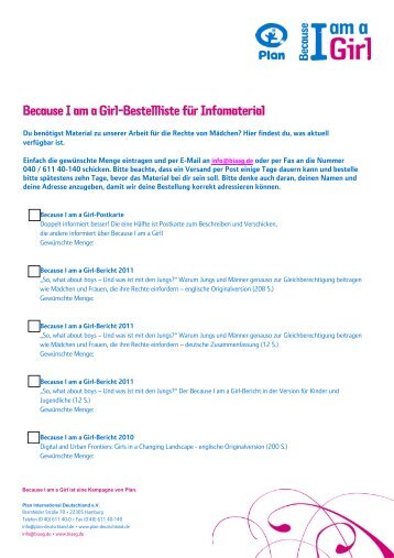 Because I am a Girl-Bestellliste für Infomaterial - Biaag.de