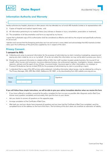 AIG Personal Accident claim form - AIS Insurance Brokers