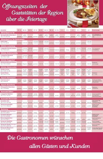 Öffnungszeiten der Gaststätten der Region über die Feiertage ...