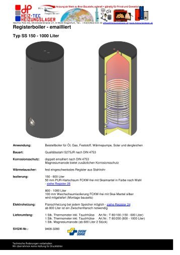 Techn. Daten Registerspeicher - Heizung ab Lager