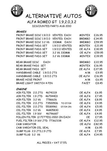 ALFA ROMEO GT PARTS LIST AUG 2010