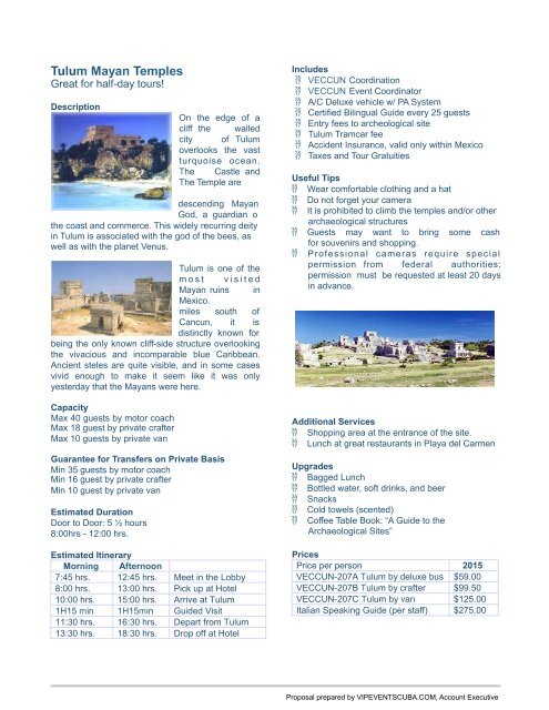 CANCUN OPTIONAL EXCURSIONS 2016  | Prices are indicative and may slightly vary at the time of booking | 