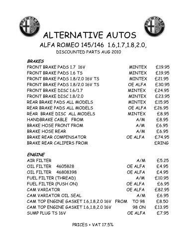 ALFA ROMEO 145 146 PARTS LIST AUG 2010