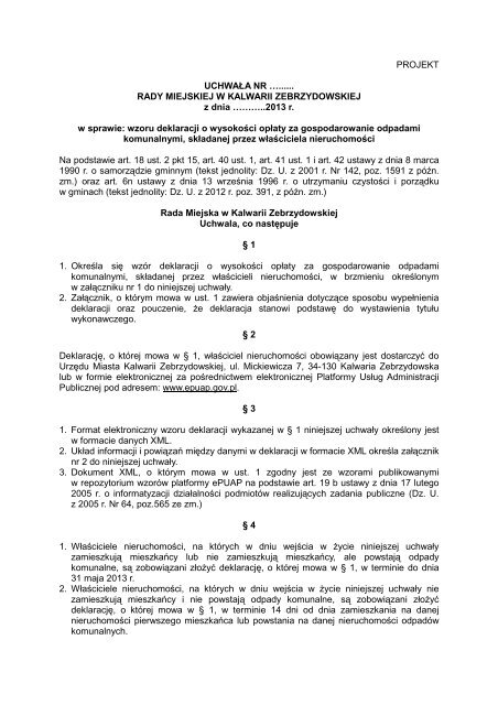 Projekt uchwały w sprawie wzoru deklaracji o wysokości opłaty za ...